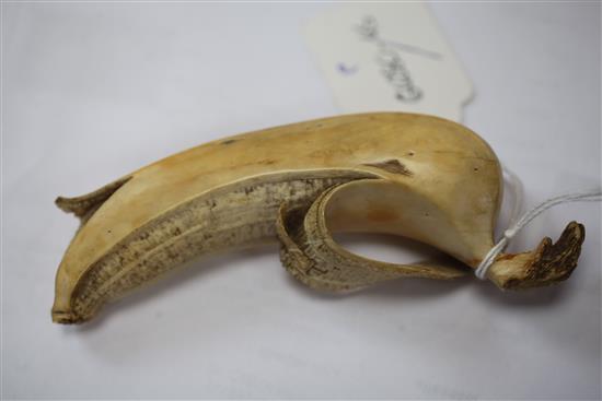 A Japanese ivory model of a partially peeled banana, early 20th century, 4.5cm, unsigned, re-glued section to tip